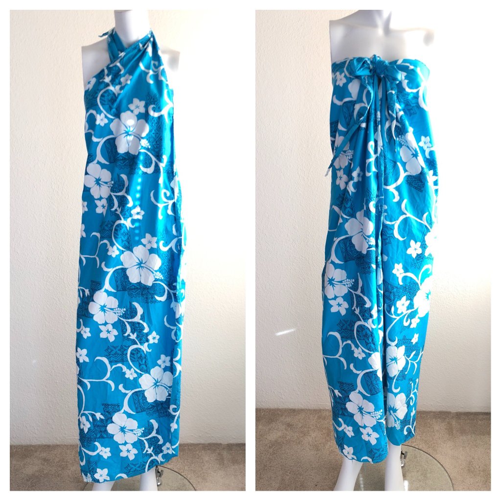 Vintage 80s Hilo Hatties Blue Hibiscus Floral Hawaiian Wrap Dress Polynesian